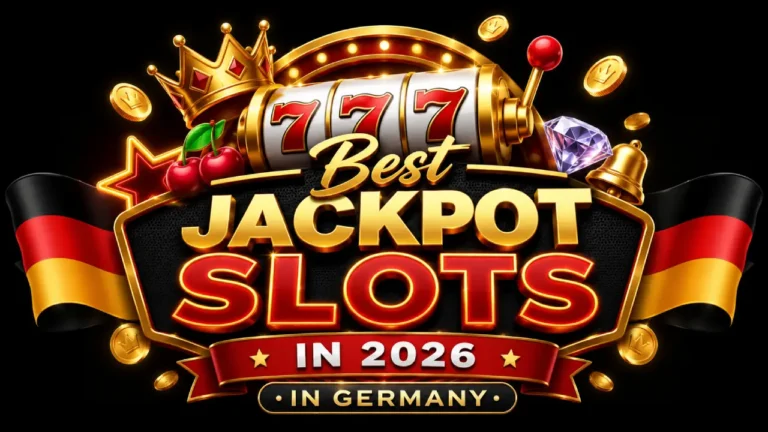 Gold and red casino-themed logo featuring a 777 slot machine, crown, coins, cherries, diamond, and German flags with the text "Best Jackpot Slots in 2026 in Germany" on a black background.