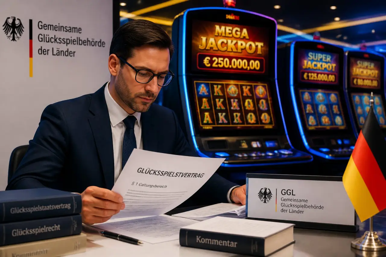 A German gambling regulator reviews legal documents at a desk beside GGL signage and a German flag, with jackpot slot machines displaying large prize amounts in the background, representing Germany's regulated online casino industry.