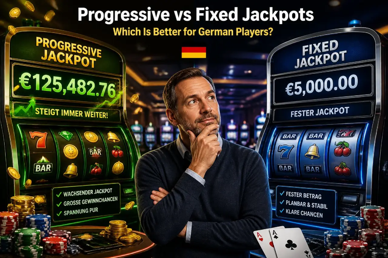 Comparison graphic showing progressive and fixed jackpot slot machines with a thoughtful player in the center, highlighting growing versus fixed jackpot prizes and key features for German casino players.