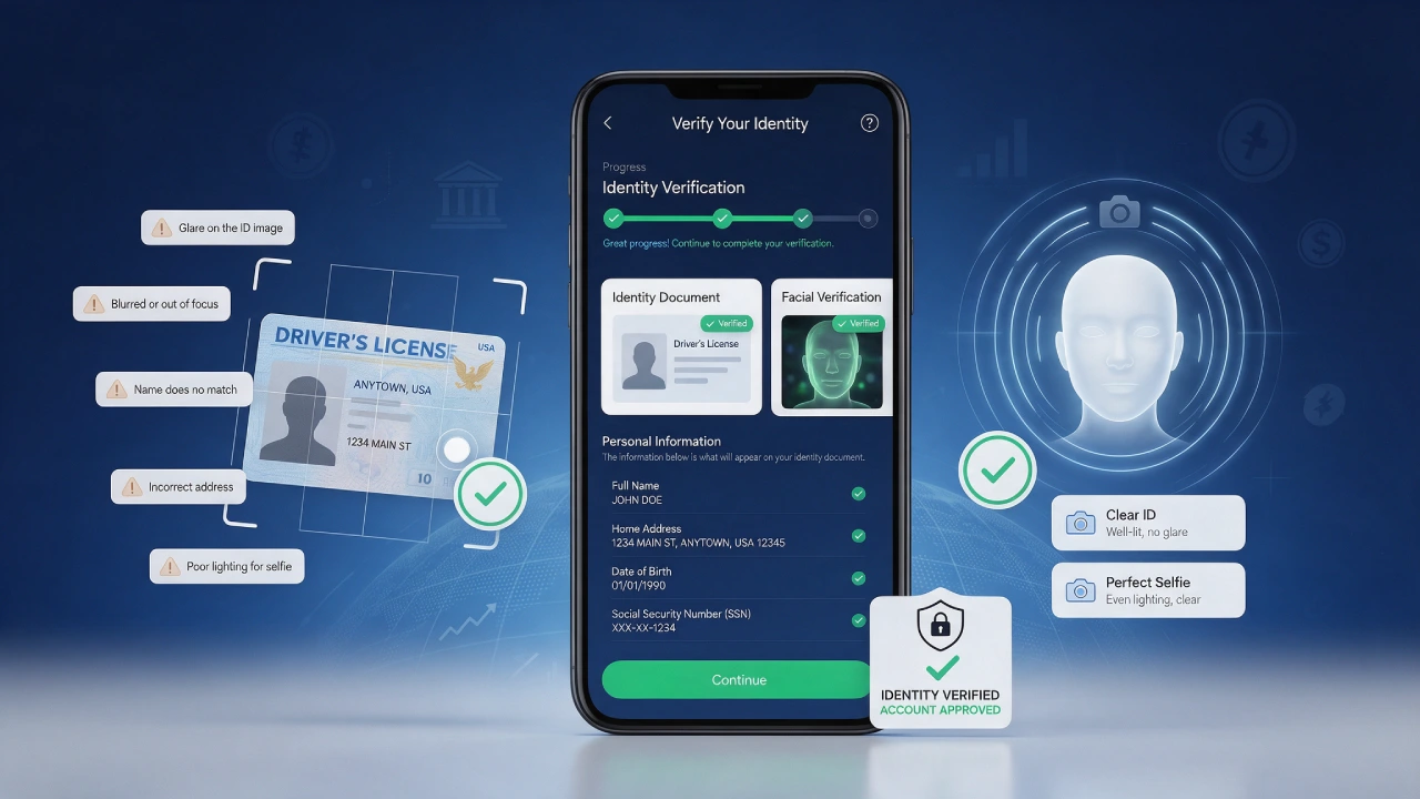 Binance.US identity verification process with ID upload, selfie verification, and account approval.