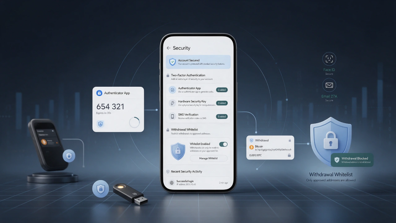 Securing a Binance.US account with two-factor authentication, authenticator app, and withdrawal address protection.