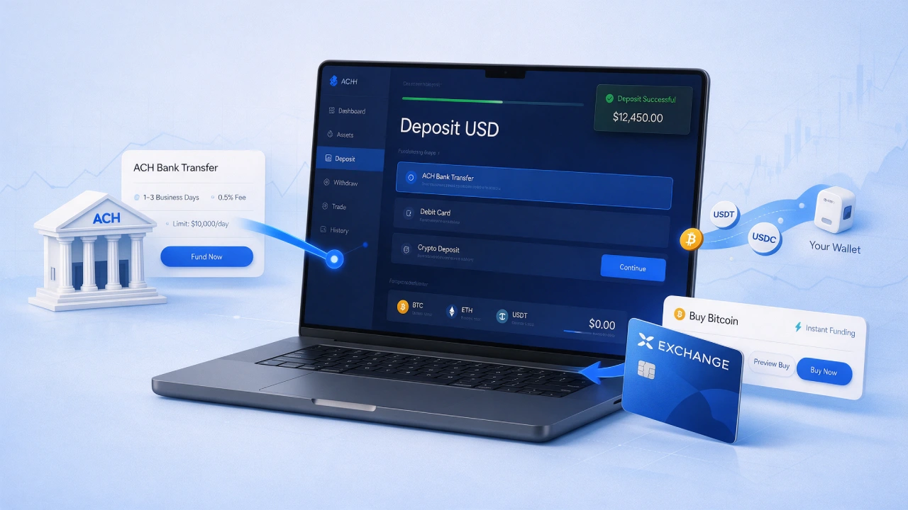 Funding a Binance.US account with ACH bank transfer, debit card, or cryptocurrency deposit.