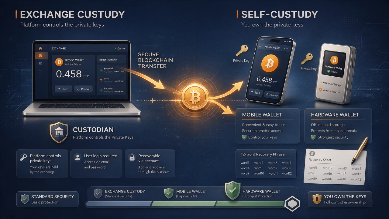 Comparing Bitcoin storage on Binance.US with mobile wallets and hardware wallets for self-custody.