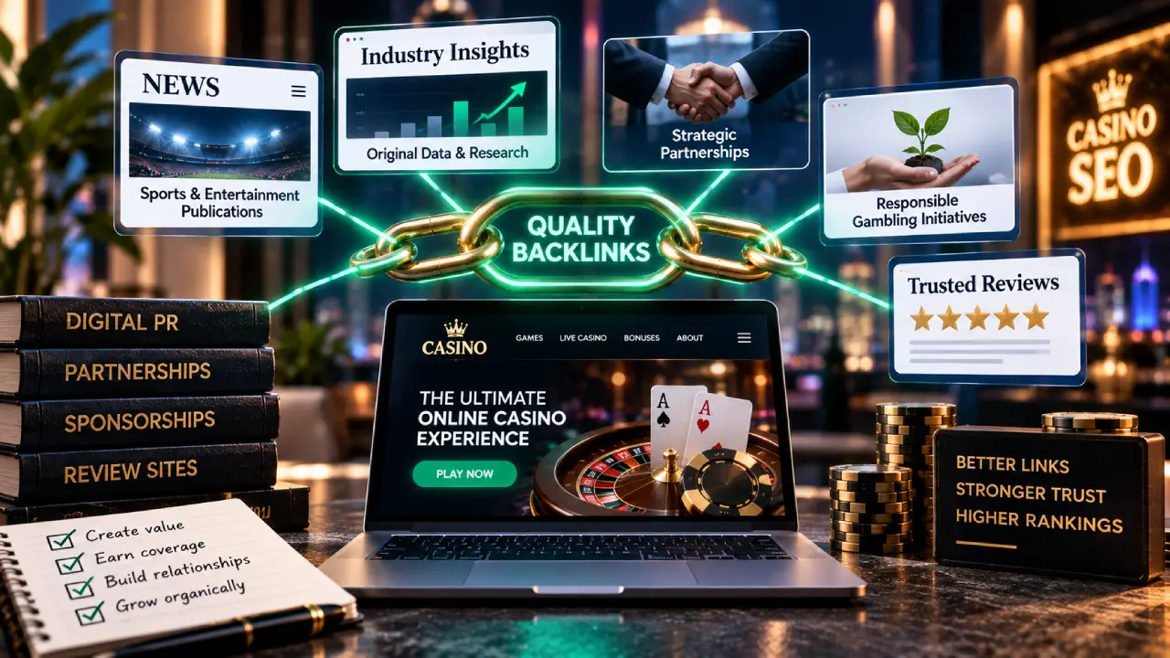 Casino SEO backlink strategy showing digital PR, original research, strategic partnerships, responsible gambling initiatives and trusted review sites for stronger rankings.