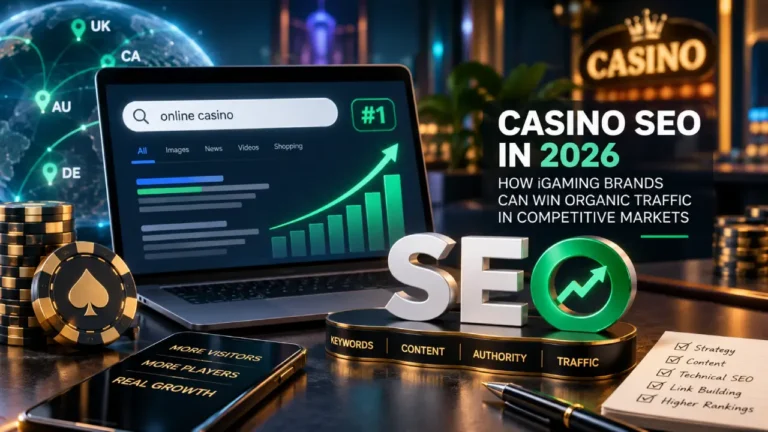 Modern Casino SEO in 2026 concept showing organic search rankings, traffic growth, keywords, content, authority and iGaming market optimization.