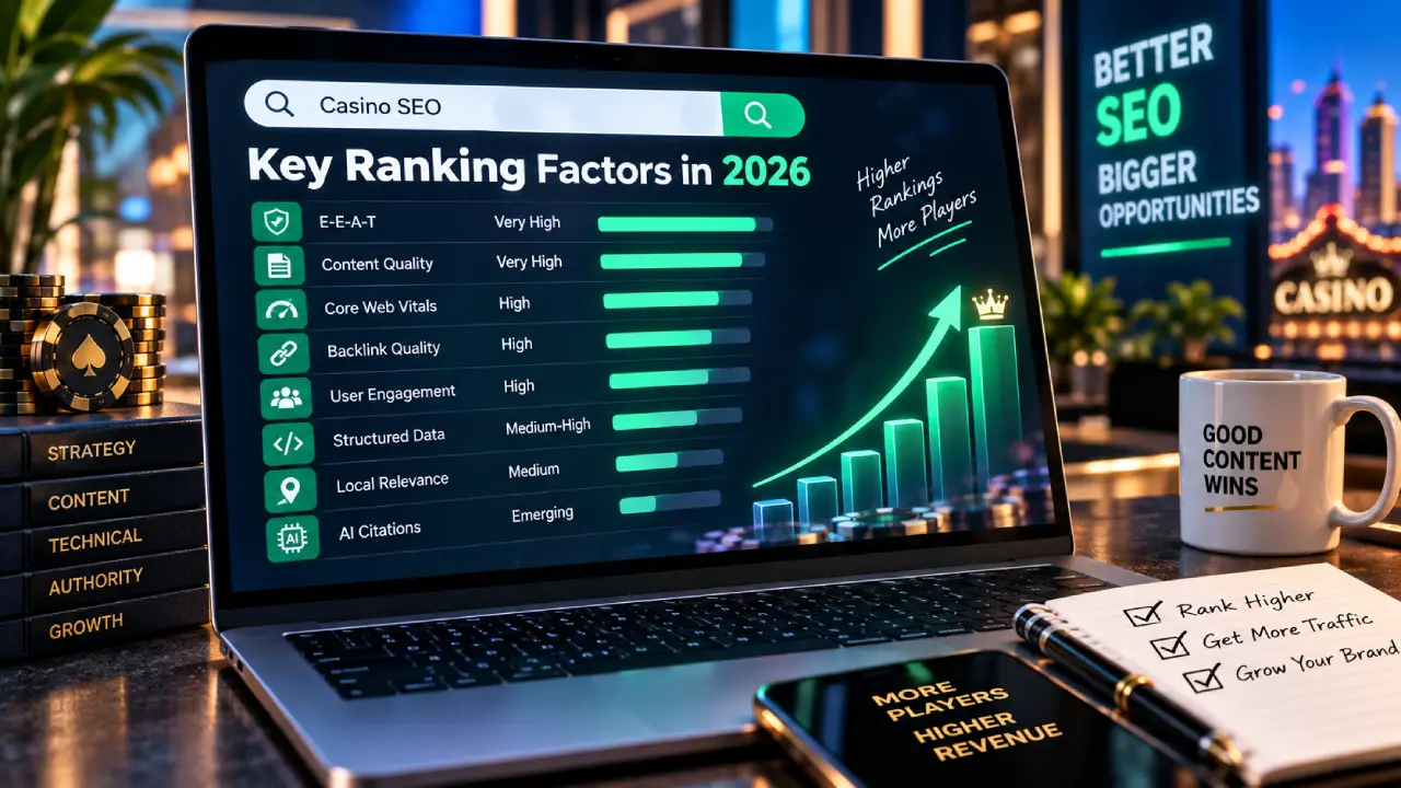 Casino SEO ranking factors in 2026 including E-E-A-T, content quality, Core Web Vitals, backlinks, user engagement, structured data and AI citations.