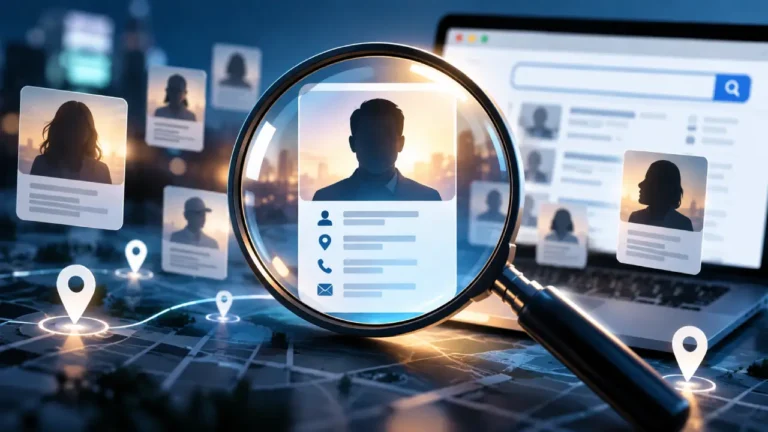 Modern illustration of an online people finder using a magnifying glass, profile records, location pins, and digital search tools on FreePeopleSearch.com.
