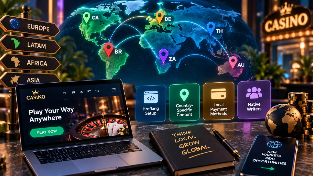 Casino local SEO and geo-targeting strategy showing hreflang, country-specific content, local payment methods and native localization across Europe, Latin America, Africa and Asia.