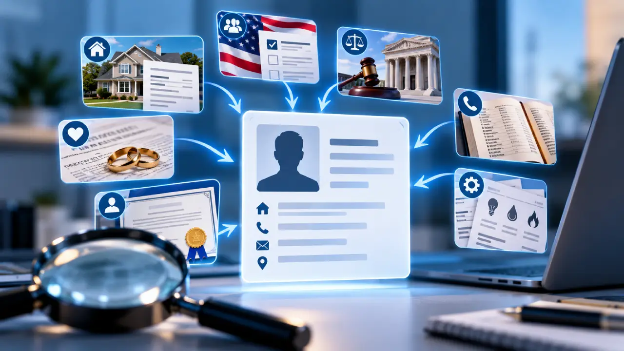 Illustration showing public records from property filings, voter rolls, court records, phone directories, marriage records, and utility data being combined into a searchable people profile.