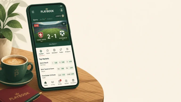 Modern sports betting experience hero with phone, coffee and warm desk scene
