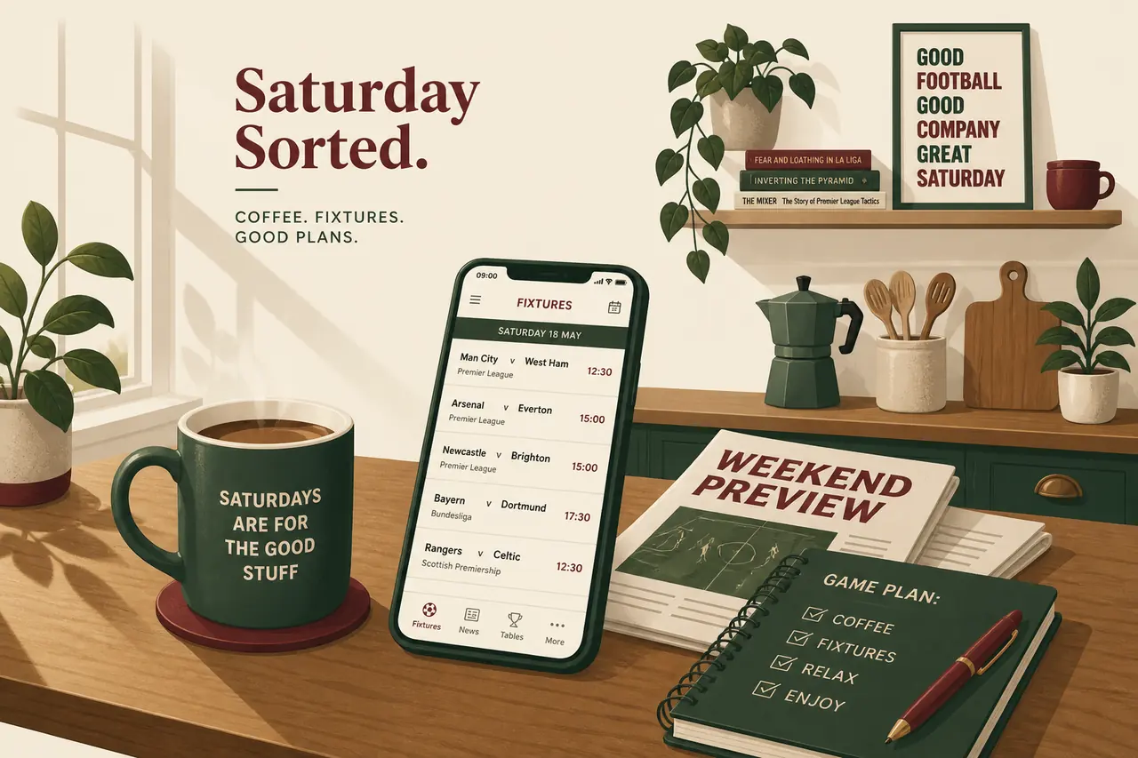 Saturday morning coffee and phone showing sports fixtures for betting