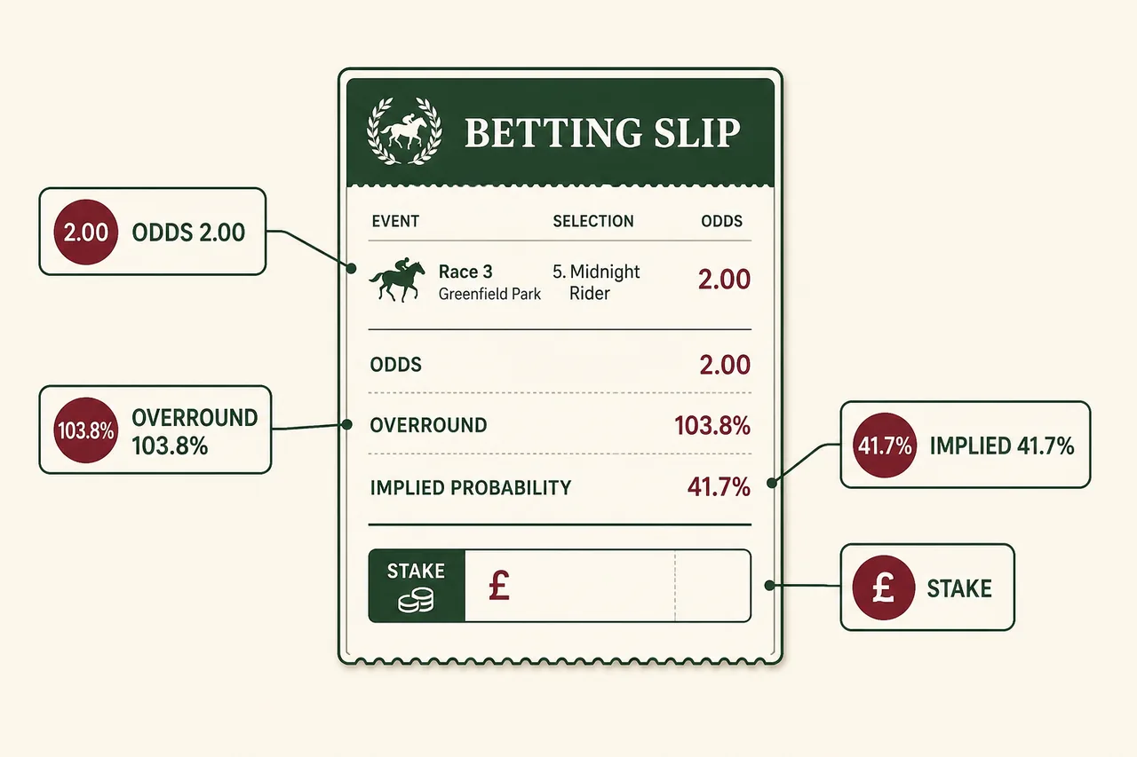 Annotated sports betting slip with odds, overround and implied probability